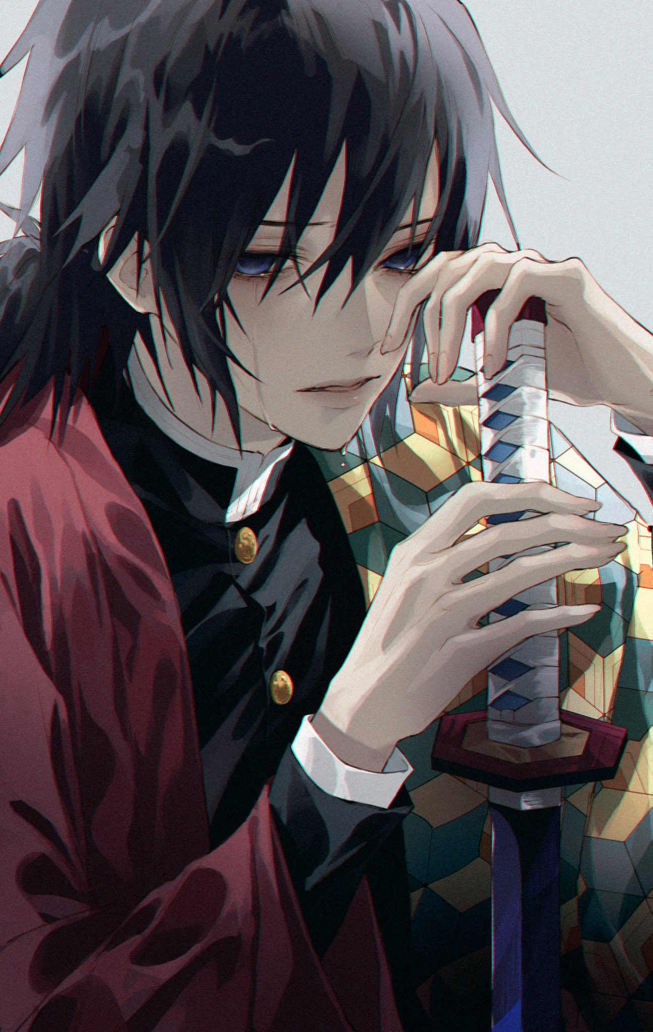 1boy, bangs, black_hair, blue_eyes, buckle, buttons, chokutou, crying