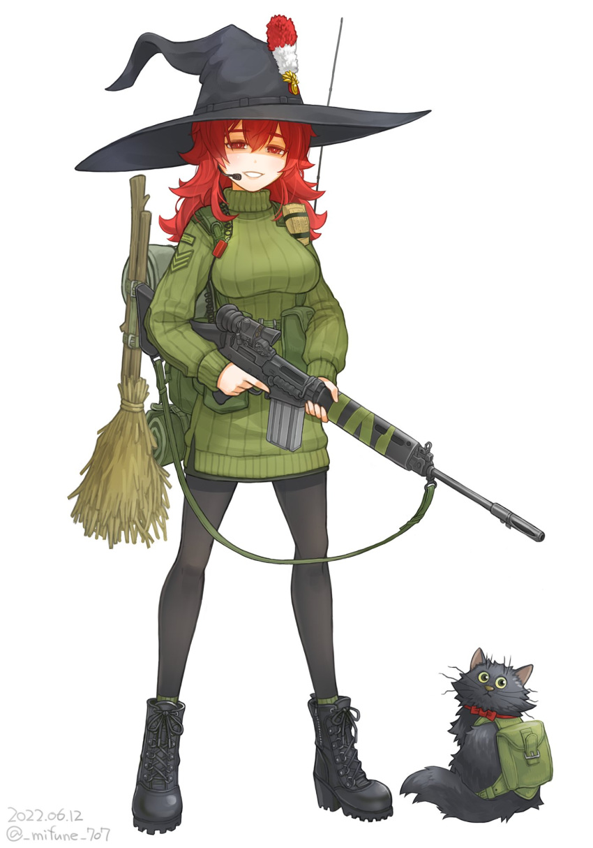1girl, artist_name, assault_rifle, backpack, bag, battle_rifle, bedroll, belt