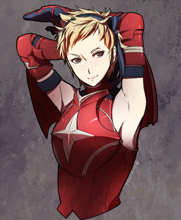 armor, armpits, blonde_hair, breastplate, closed_mouth, fire_emblem, fire_emblem_fates, freckles, red_armor, red_eyes, scarlet_(fire_emblem), short_hair, shoulder_armor, siro_1126, upper_body