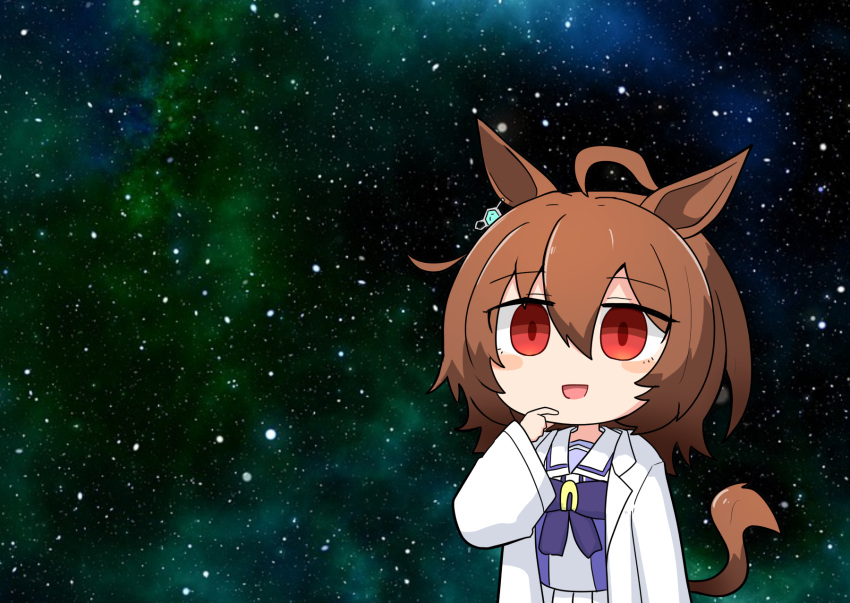 1girl, agnes_tachyon_(umamusume), ahoge, animal_ears, blush_stickers, bow, bowtie, brown_hair