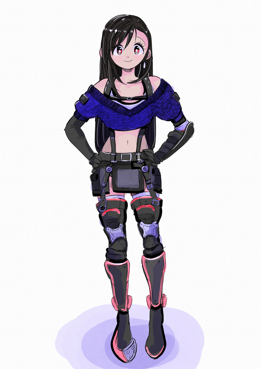 1girl, absurdres, bare_shoulders, belt, black_hair, black_skirt, blue_sweater, crop_top
