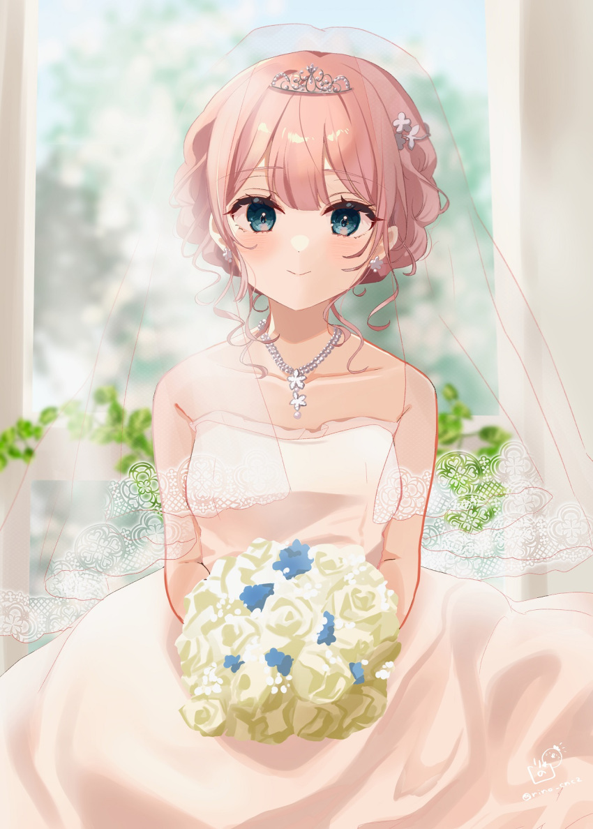 1girl, bangs, blue_eyes, blurry, blurry_background, blush, bouquet, braid, bridal_veil, bride, dress, earrings, flower, flower_earrings, hair_flower, hair_ornament, highres, holding, holding_bouquet, jewelry, lace_veil, looking_at_viewer, necklace, original, outdoors, pearl_necklace, pink_hair, rino_cnc, rose, short_hair, sidelocks, smile, solo, strapless, strapless_dress, tiara, veil, wedding, wedding_dress, white_flower, white_rose