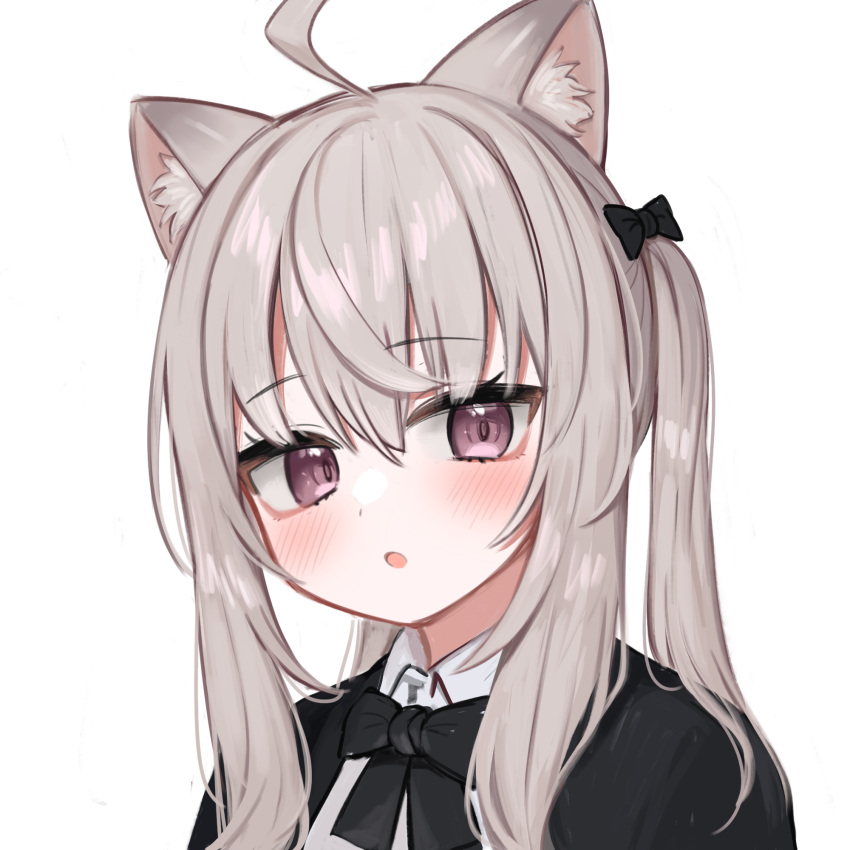 1girl, ahoge, animal_ear_fluff, animal_ears, bangs, black_bow, black_jacket, blush