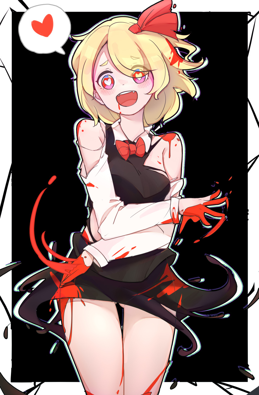 1girl, absurdres, ambiguous_red_liquid, ass_visible_through_thighs, black_background, black_dress, blonde_hair, blood