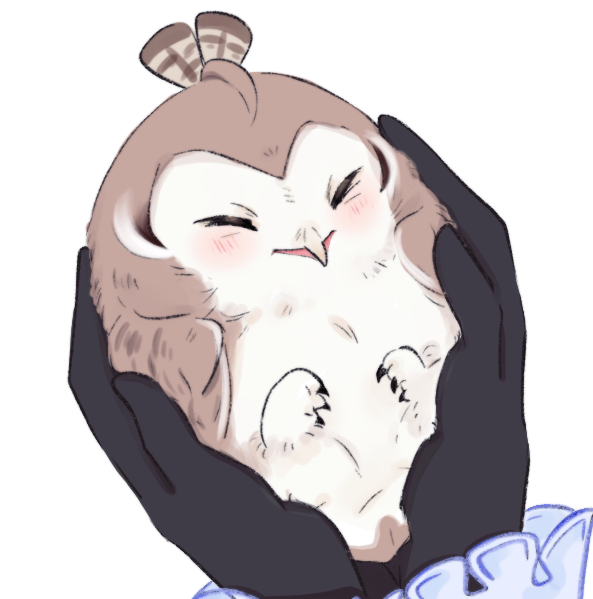 2girls, animal, animalization, artist_request, beak, bird, blush, brown_feathers, closed_eyes, feathers, gloves, holding, holding_animal, hololive, hololive_english, multiple_girls, nanashi_mumei_(owl), ouro_kronii, owl, simple_background, smile, talons, virtual_youtuber, white_feathers