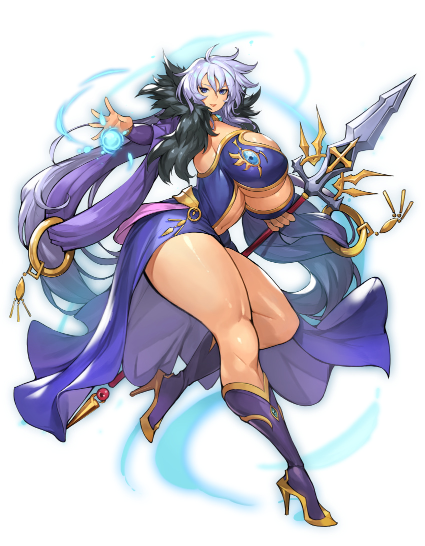 1girl, absurdres, ankle_boots, blue_eyes, boots, breasts, curvy, dress