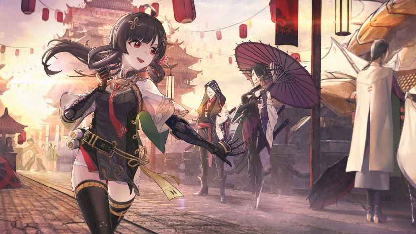 2boys, 2girls, absurdres, ahoge, architecture, belt, black_dress, black_hair, black_legwear, china_dress, chinese_clothes, dress, east_asian_architecture, eyebrows_visible_through_hair, hair_ornament, highres, jewelry, lantern, long_hair, mechanical_arms, multiple_boys, multiple_girls, necklace, official_art, oil-paper_umbrella, paper_lantern, pulao_(punishing:_gray_raven), punishing:_gray_raven, road, short_sleeves, side_ponytail, street, thigh-highs, umbrella, wu_lun_wujin