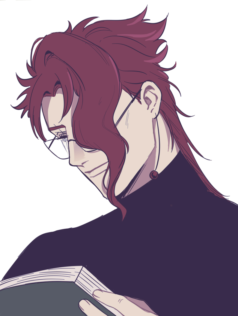 1boy, asymmetrical_bangs, bangs, book, cherry_earrings, earrings, food-themed_earrings, glasses