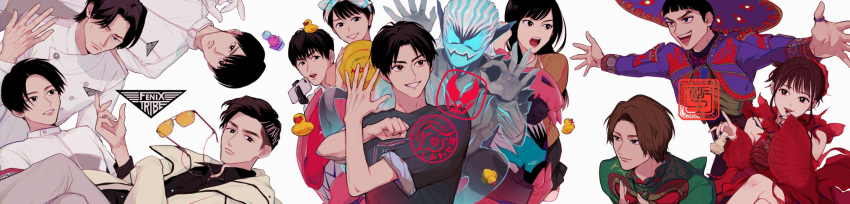 3girls, 6+boys, aguilera_(kamen_rider_revice), animal_hood, back-to-back, belt, black_hair, bow_hairband
