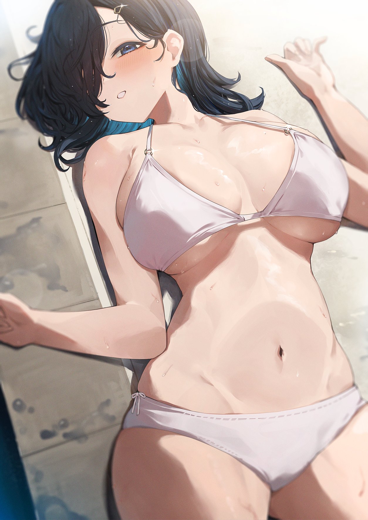 1girl, bikini, black_hair, blue_eyes, blush, character_request, highres, looking_at_viewer