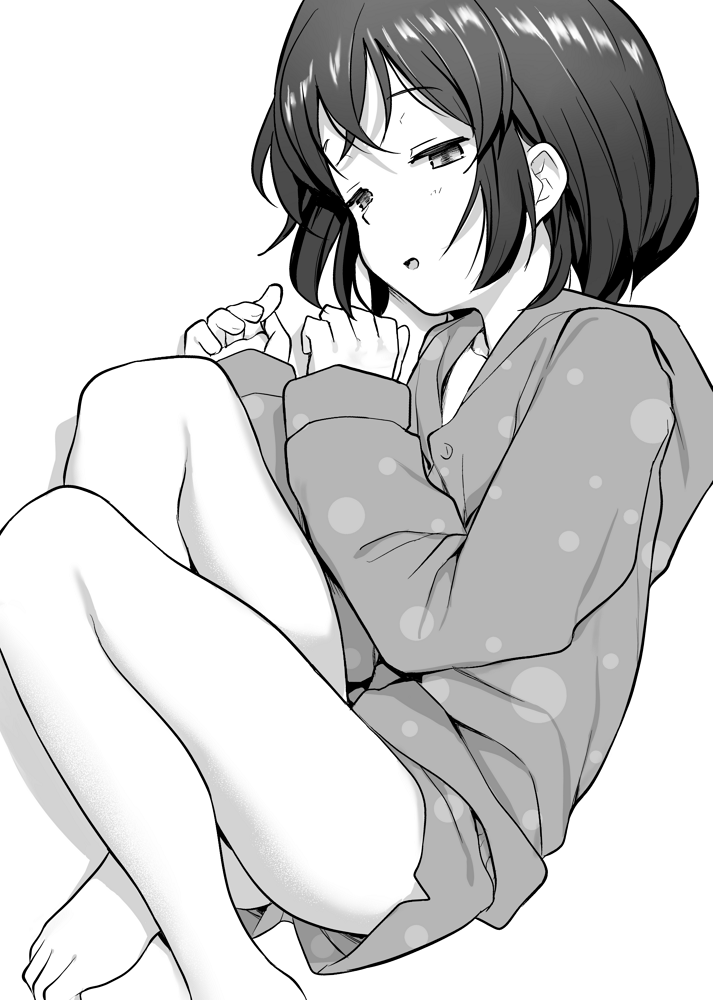 1girl, bare_legs, barefoot, commentary_request, eyebrows_visible_through_hair, foot_out_of_frame, greyscale, half-closed_eyes