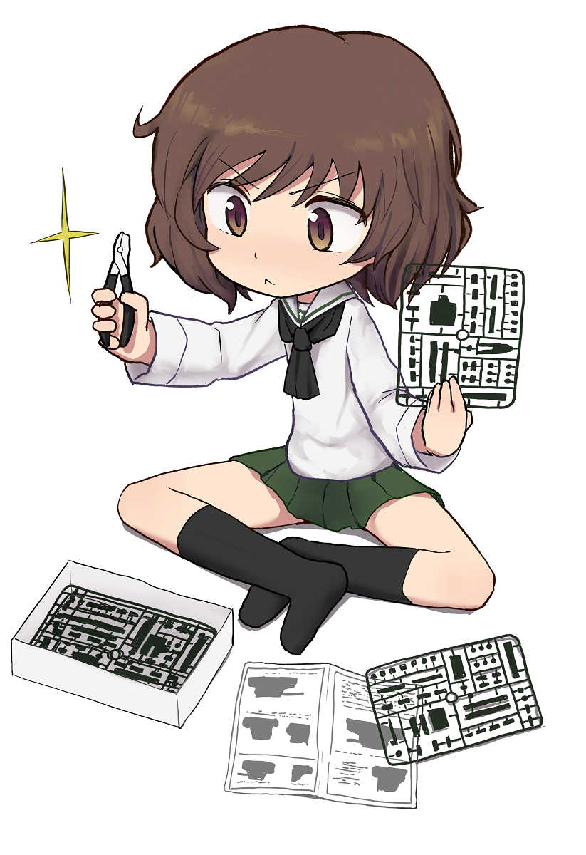 1girl, :<, akiyama_yukari, black_legwear, black_neckerchief, brown_eyes, brown_hair, chibi
