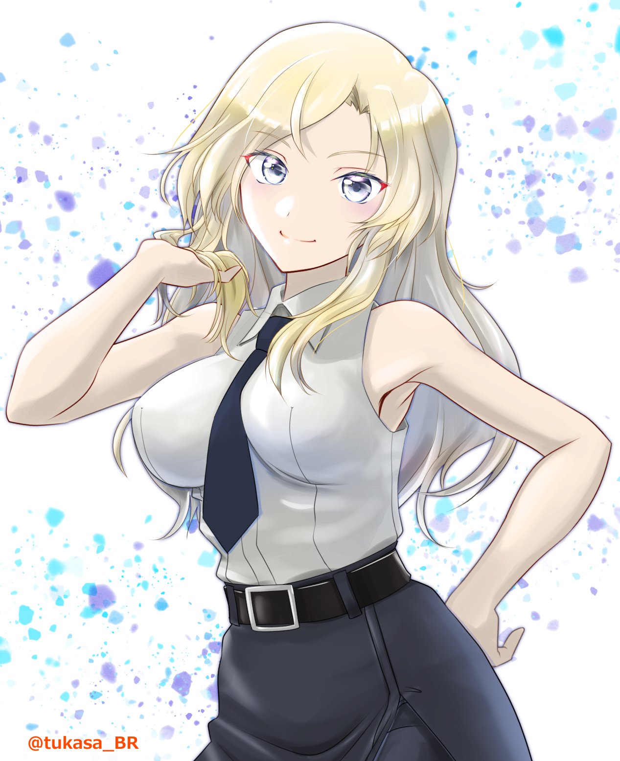 1girl, belt, black_belt, black_necktie, black_skirt, blonde_hair, breasts, cowboy_shot, dress_shirt, grey_eyes, highres, hornet_(kancolle), kantai_collection, large_breasts, long_hair, necktie, one-hour_drawing_challenge, pencil_skirt, shirt, skirt, sleeveless, sleeveless_shirt, solo, tsukasa_(tukasa_br), twitter_username, white_background, white_shirt