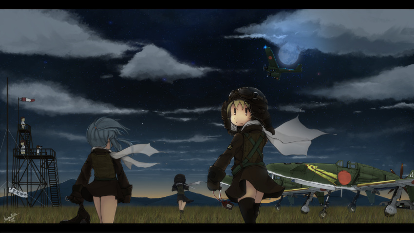 aircraft, airplane, blonde_hair, blue_hair, clouds, fairy_(kancolle), full_moon, harumiya_hiro