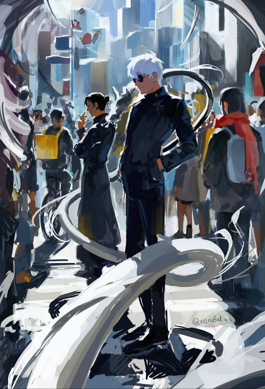 2boys, artist_name, black_eyes, black_hair, ear_piercing, getou_suguru, gojou_satoru, hair_bun, hands_in_pockets, highres, jacket, jujutsu_kaisen, jujutsu_tech_uniform, long_sleeves, looking_at_another, male_focus, multiple_boys, piercing, renibet, round_eyewear, short_hair, single_hair_bun, smile, sunglasses, white_hair