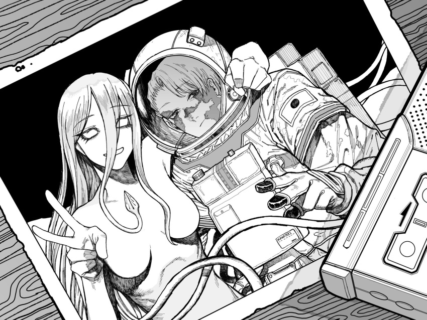 1boy, 1girl, alien, arm_around_shoulder, astronaut, burn_scar, cable, character_name