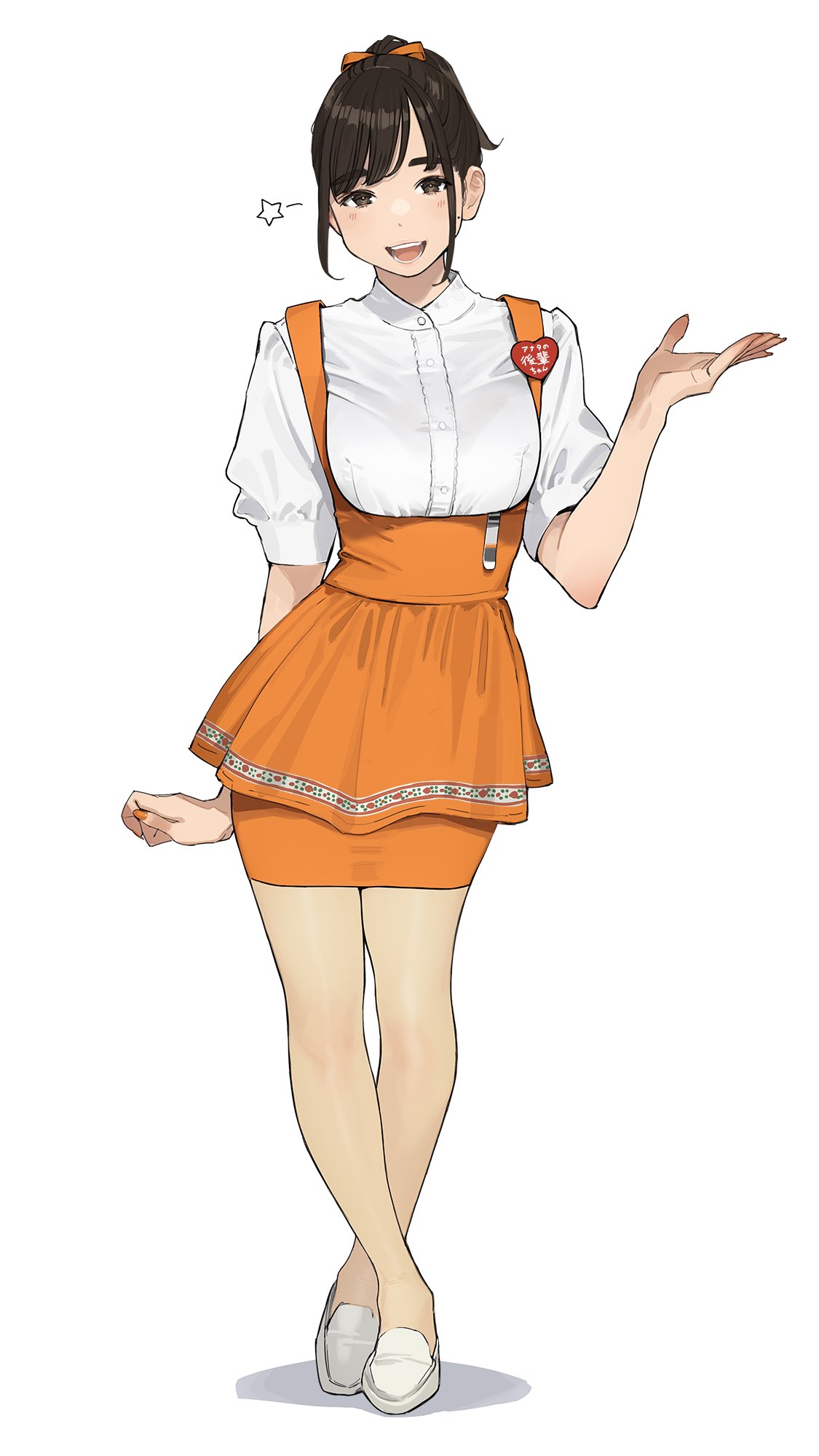 1girl, :d, blush, brown_eyes, brown_hair, employee_uniform, full_body, ganbare_douki-chan