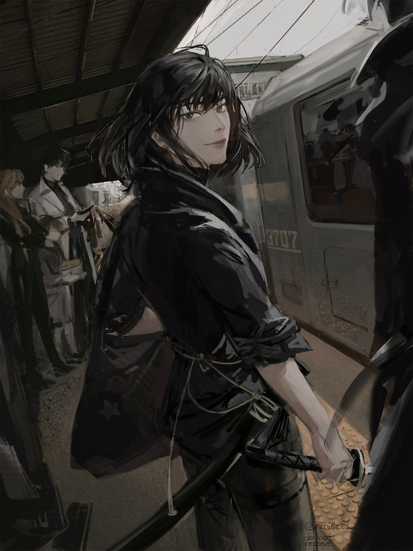 2girls, 3boys, artist_name, black_eyes, black_hair, brown_hair, child, dok-ja_kim