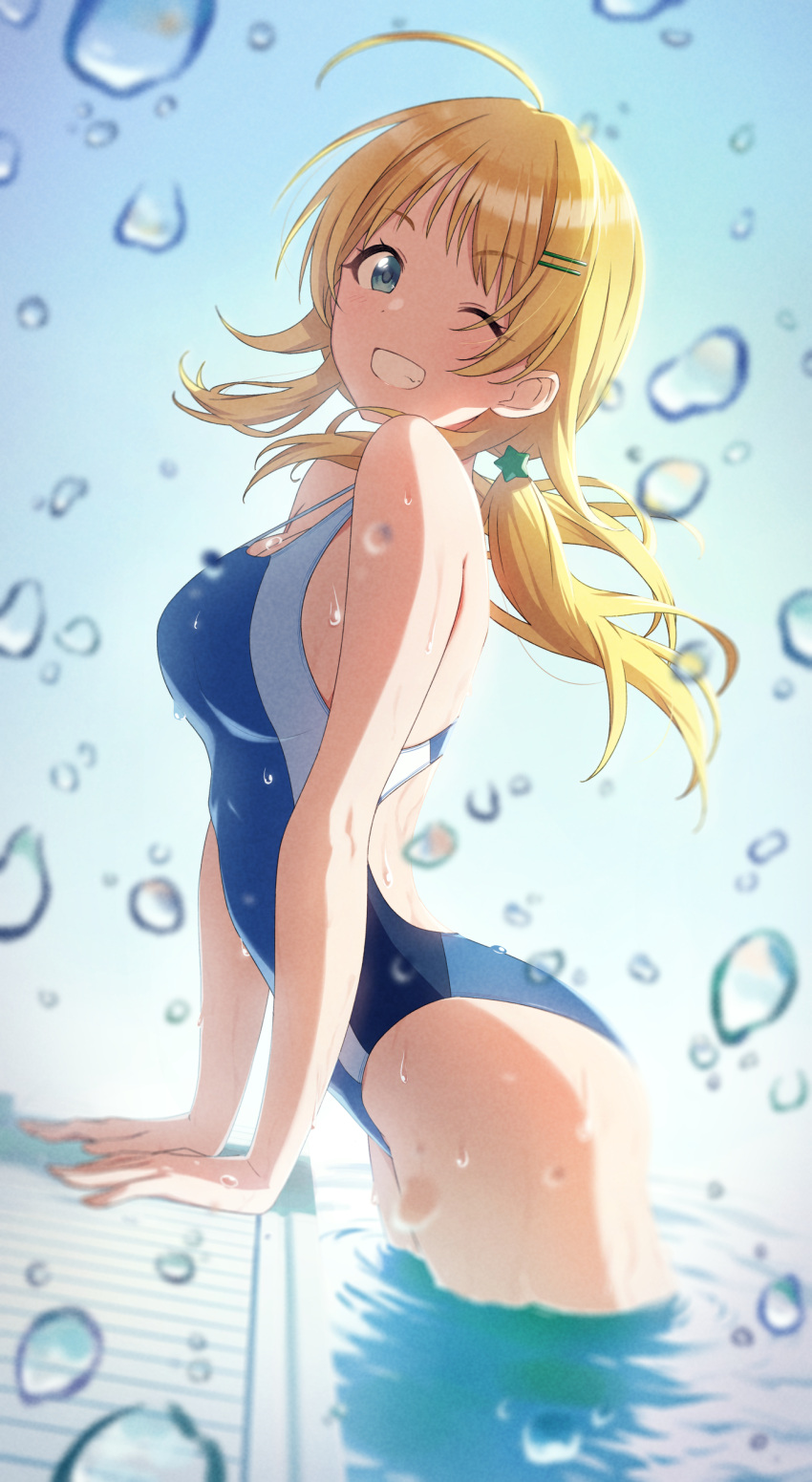 1girl, absurdres, ahoge, amochin, bangs, blonde_hair, blue_eyes, blue_swimsuit