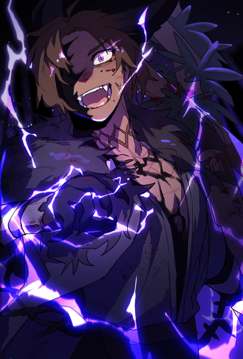 1boy, black_coat, black_gloves, brown_hair, coat, dark-skinned_male, dark_skin, e.g.o_(project_moon), electricity, fangs, fur_trim, gloves, glowing, glowing_eye, heathcliff_(limbus_company), highres, i01o10i, lightning, limbus_company, male_focus, open_mouth, project_moon, short_hair, teeth, violet_eyes