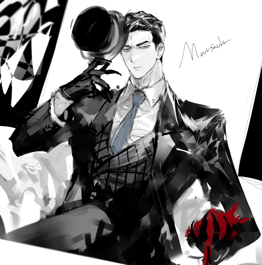 1boy, black_hair, black_jacket, black_suit, blue_necktie, character_name, formal, green_eyes, hair_slicked_back, hat, highres, jacket, limbus_company, long_sleeves, meursault, necktie, project_moon, remsrar, shirt, short_hair, sitting, suit, top_hat, white_shirt