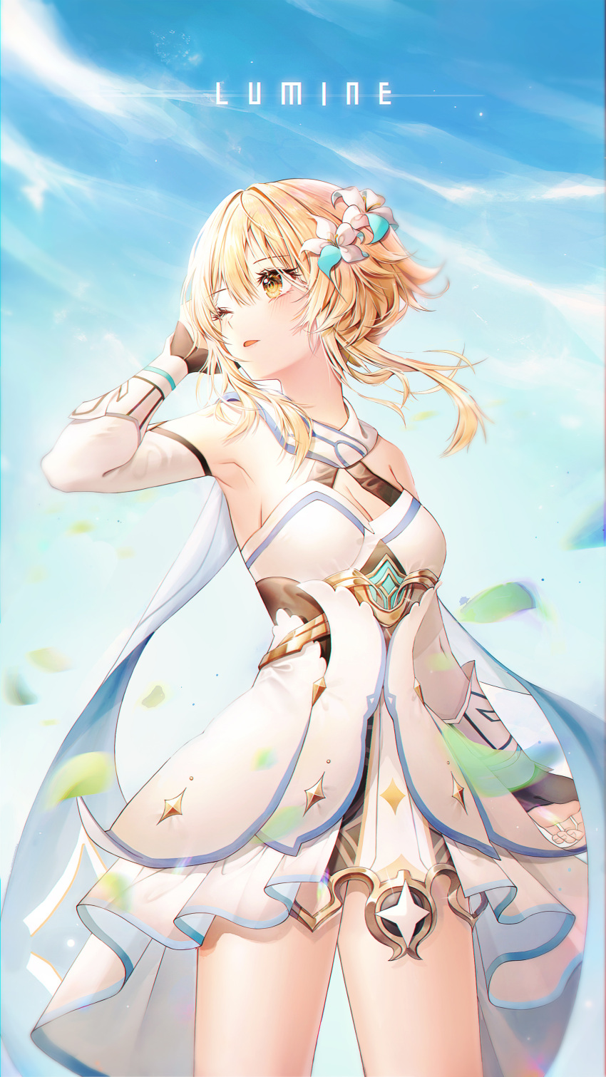 1girl, armpits, blonde_hair, blue_sky, cloud, flower, genshin_impact, leaves