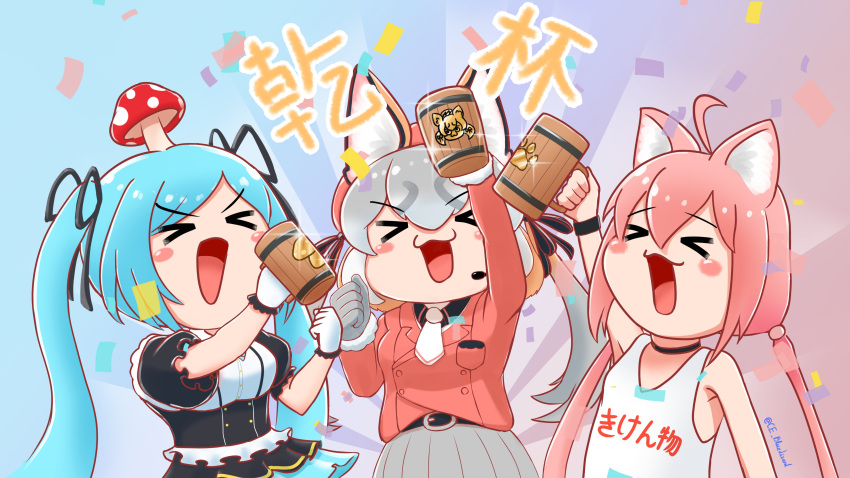 .live, 3girls, absurdres, animal_costume, animal_ear_fluff, animal_ears, blazer, blue_hair, ce_bluelizard, choker, dress, grey_hair, hat, highres, hinata_channel, island_fox_(kemono_friends), jacket, kemono_friends, kemono_friends_v_project, long_hair, multiple_girls, mushroom, necktie, nekomiya_hinata, open_mouth, pink_hair, ribbon, shirt, skirt, smile, twintails, yamato_iori