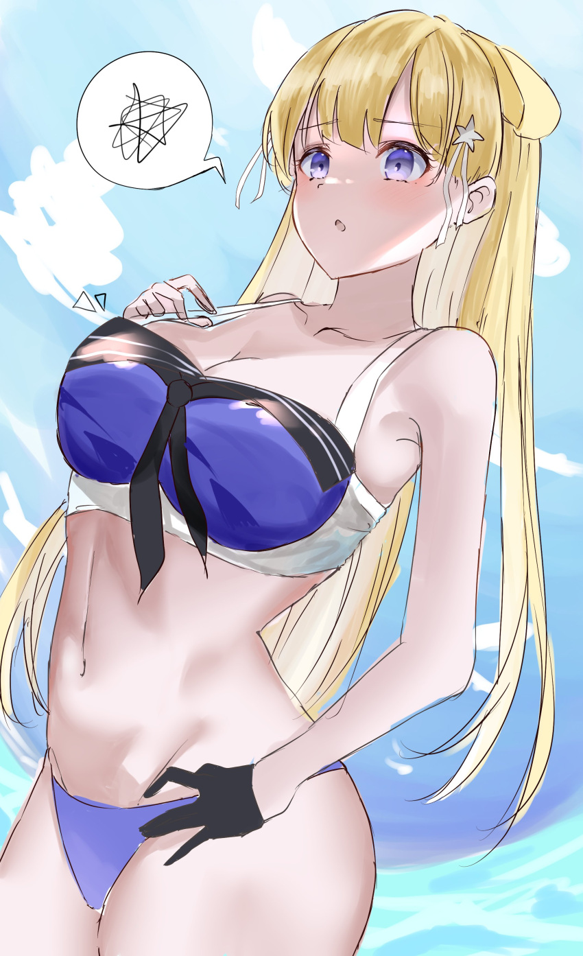 1girl, absurdres, bare_shoulders, bikini, blonde_hair, breasts, calin, double_bun, eyebrows_visible_through_hair, fletcher_(kancolle), fletcher_mk_ii_(kancolle), gloves, hair_bun, hair_ornament, highres, kantai_collection, large_breasts, long_hair, official_alternate_costume, open_mouth, star_(symbol), star_hair_ornament, swimsuit, violet_eyes
