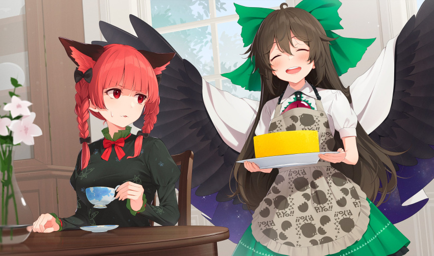 2girls, ahoge, animal_ears, animal_print, apron, bangs, bird_print, black_bow, blue_sky, blush, bow, bowtie, braid, breasts, brown_hair, cake, cat_ears, chair, chick_print, cloak, closed_eyes, collared_shirt, commentary_request, cup, curtains, dress, drink, flower, food, frills, gradient, gradient_sky, green_bow, green_dress, green_skirt, grey_apron, hair_between_eyes, hair_bow, hand_up, hands_up, highres, indoors, jar, juliet_sleeves, kaenbyou_rin, kanpa_(campagne_9), leaf, long_hair, long_sleeves, looking_at_another, medium_breasts, multiple_girls, night, night_sky, open_mouth, plate, puffy_short_sleeves, puffy_sleeves, purple_sky, red_bow, red_bowtie, red_eyes, redhead, reiuji_utsuho, shirt, short_sleeves, sitting, skirt, sky, smile, space, space_print, standing, star_(sky), star_(symbol), star_print, starry_sky, starry_sky_print, sweat, sweatdrop, table, teeth, third_eye, tongue, touhou, tray, tree, twin_braids, wall, white_cloak, white_flower, white_shirt, window, wings