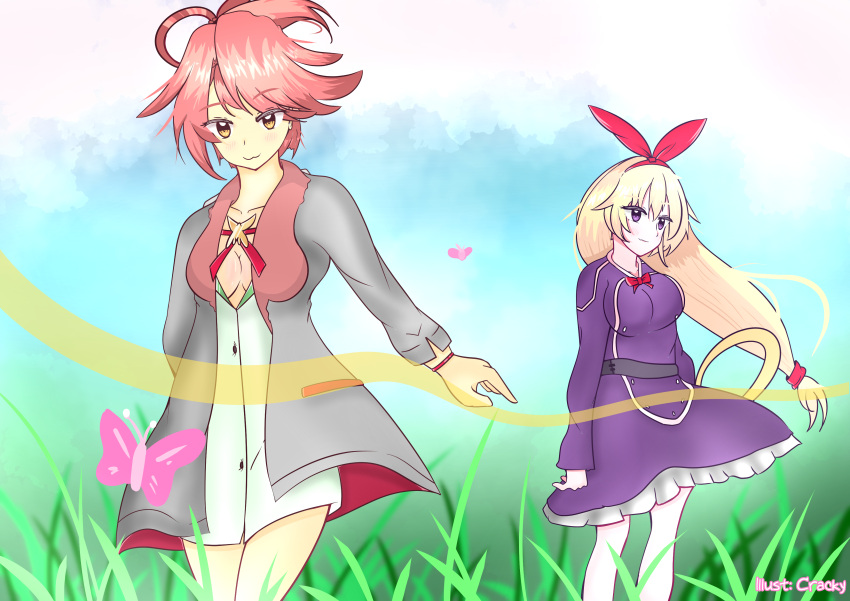 100_percent_orange_juice, 2girls, absurdres, ahoge, alicianrone_(orange_juice), blonde_hair, bow, butterfly, crackgear, highres, multiple_girls, non-web_source, orangejuice, red_hair, tagme, tagme_(character)