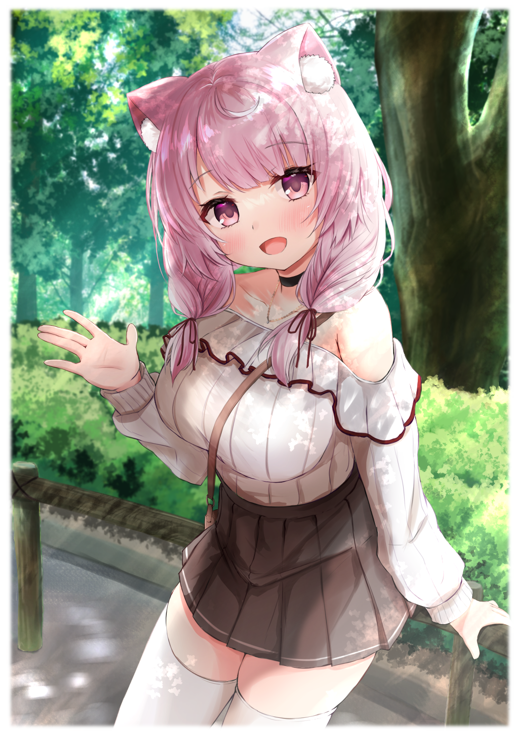 1girl, animal_ears, bag, bare_shoulders, braid, breasts, bush, cat_ears