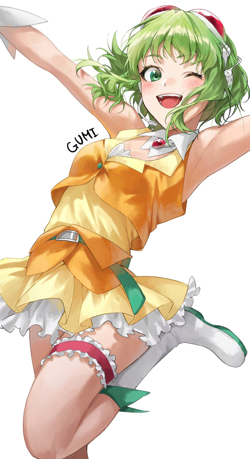 1girl, ;d, absurdres, armpits, arms_up, bangs, belt, blush
