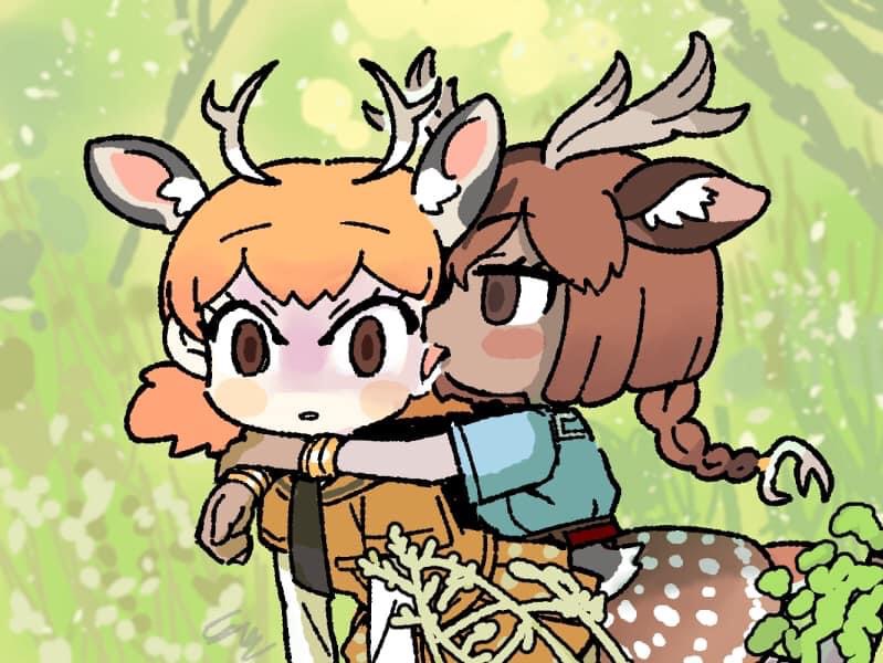 2girls, abdula, animal_ears, antlers, arms_around_neck, axis_deer_(kemono_friends), bangs, belt, blush_stickers, braid, braided_ponytail, brown_eyes, brown_hair, dark-skinned_female, dark_skin, day, deer_antlers, deer_ears, deer_girl, deer_tail, empty_eyes, extra_ears, eyebrows_visible_through_hair, eyelashes, hug, kemono_friends, layered_sleeves, leaning_forward, licking, licking_another's_face, long_hair, long_sleeves, multicolored_hair, multiple_girls, necktie, orange_hair, outdoors, parted_lips, photo-referenced, shirt, short_over_long_sleeves, short_sleeves, short_twintails, sika_deer_(kemono_friends), single_braid, skirt, tail, tongue, tongue_out, turn_pale, twintails, wide_hips