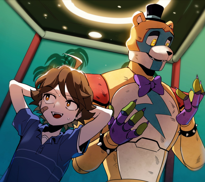 2boys, arm_behind_head, bandaid, bandaid_on_face, bow, bowtie, brown_hair, child, claws, dirty, dirty_clothes, facepaint, fangs, five_nights_at_freddy's, five_nights_at_freddy's:_security_breach, freddy_fazbear, frown, fullbban_g, glamrock_freddy, glowing, glowing_eyes, gregory_(fnaf), hat, highres, light, light_rays, looking_to_the_side, multiple_boys, nervous, open_mouth, orange_eyes, robot, shirt, short_sleeves, shoulder_pads, spiky_hair, sweat, sweatdrop, t-shirt, teeth, tongue, wristband, yellow_eyes