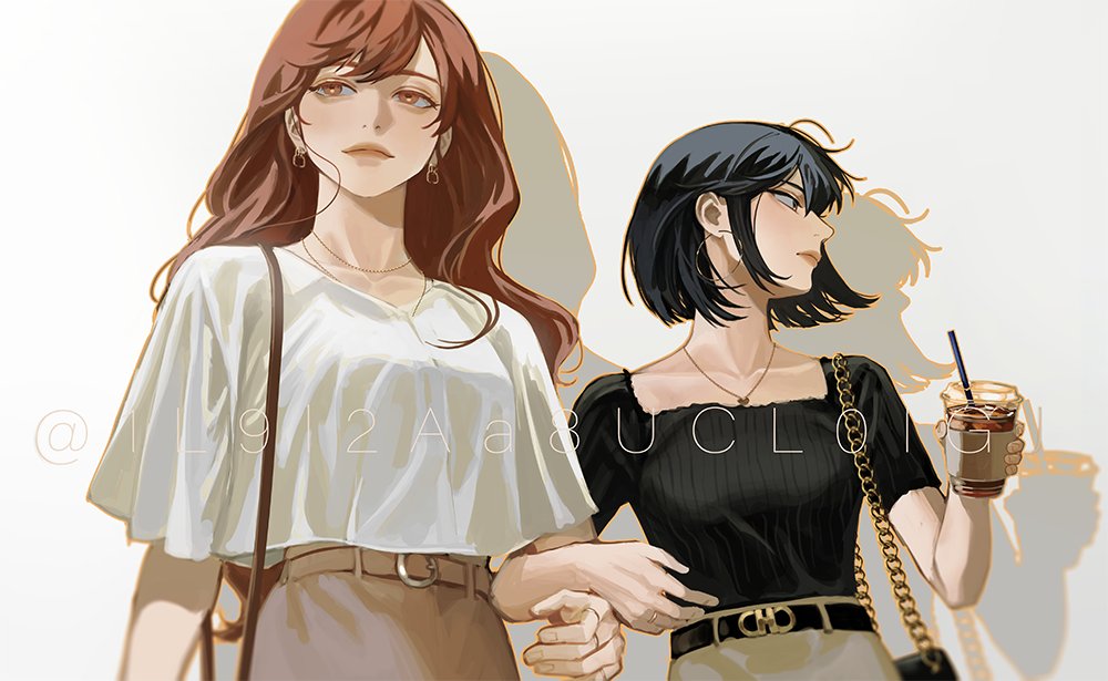 2girls, arm_wrap, bag, belt, belt_buckle, black_eyes, black_hair, black_shirt