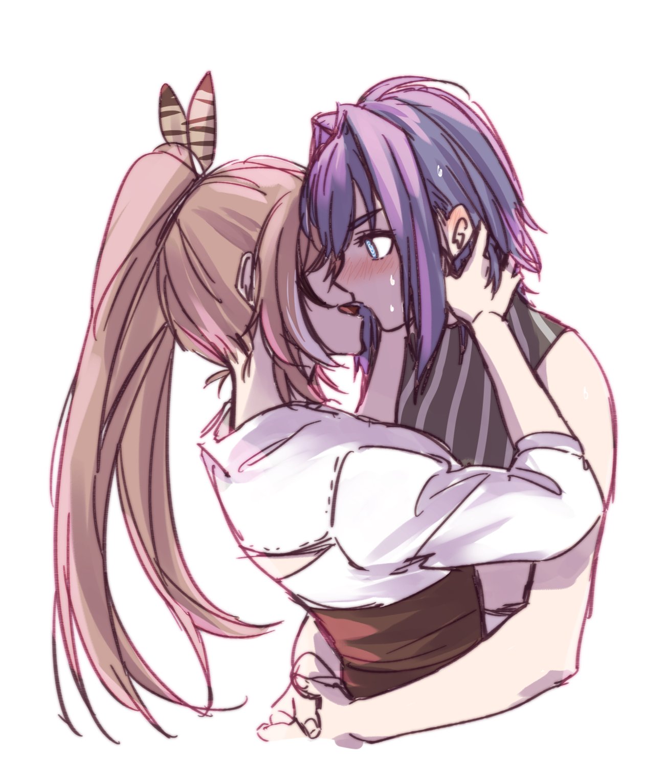 2girls, @_@, ahoge, arms_around_waist, back_cutout, bangs, belt, blue_eyes