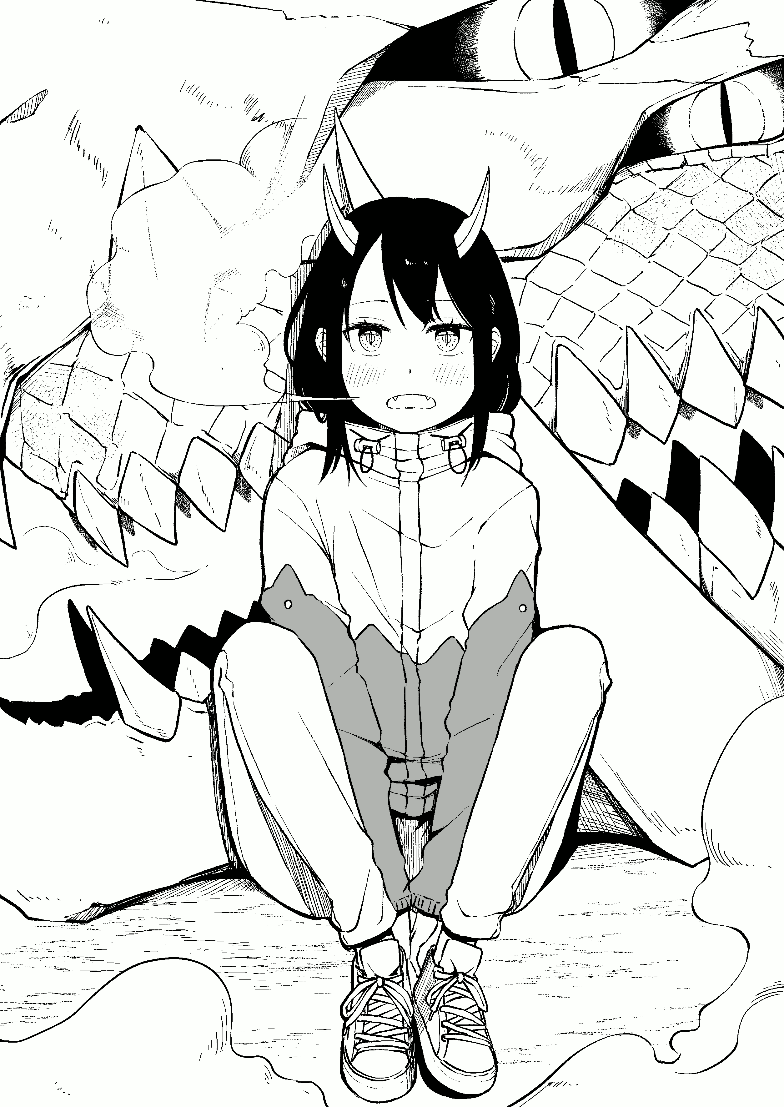 absurdres, aoki_ruri, arms_between_legs, bangs, blush, dragon, dragon_girl, dragon_horns