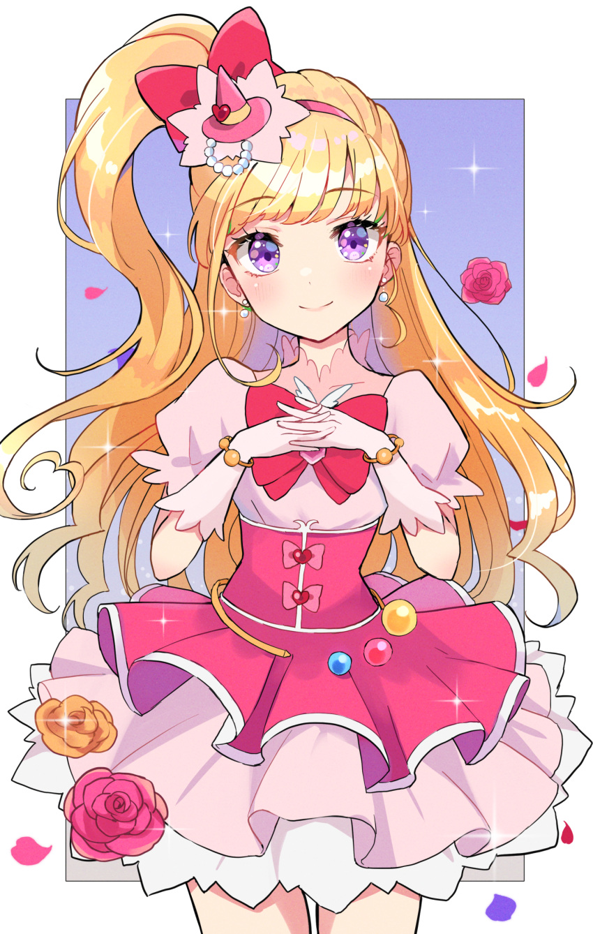 1girl, asahina_mirai, bracelet, closed_mouth, corset, cowboy_shot, cure_miracle, diamond-shaped_brooch