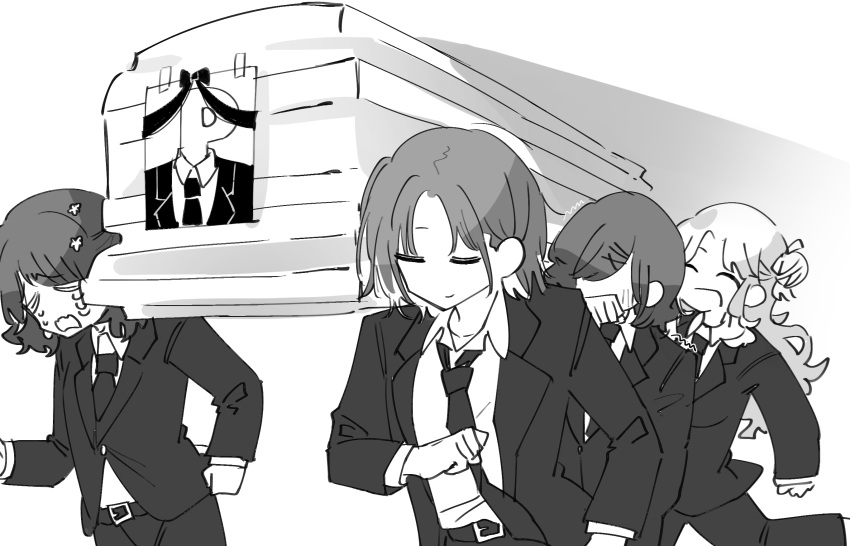 4girls, artist_request, asakura_toru, belt, black_hair, black_necktie, black_suit, closed_eyes