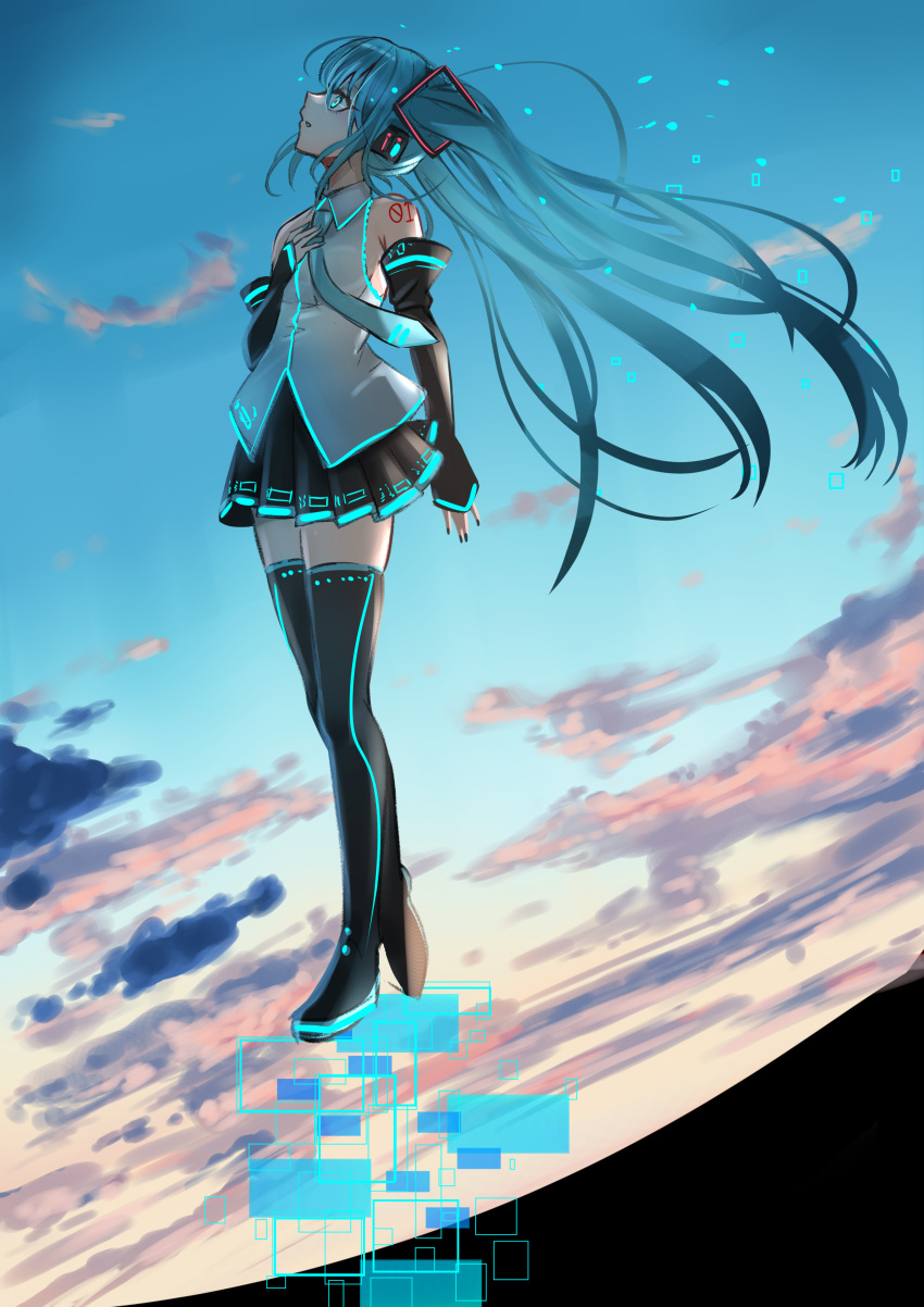 1girl, absurdres, black_footwear, black_nails, black_skirt, black_sleeves, blue_eyes, blue_hair