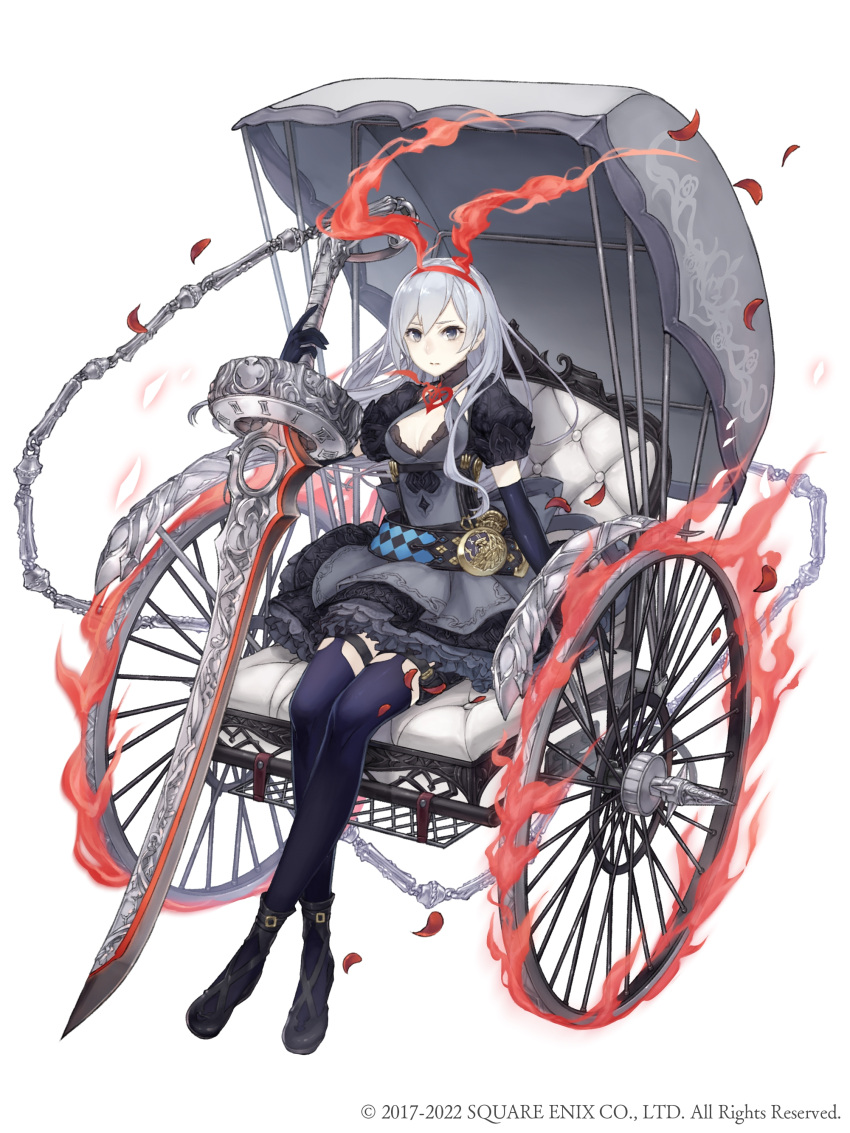 1girl, absurdres, alice_(sinoalice), alice_(sinoalice)_(cosplay), belt, black_dress, chain, chariot
