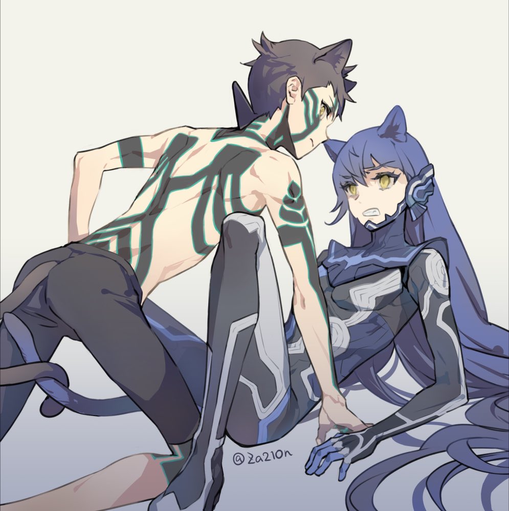 2boys, androgynous, animal_ears, armor, ass, bangs, black_hair, blue_hair, bodysuit, cat_ears, cat_tail, crossover, eyelashes, full-body_tattoo, hitoshura, long_hair, looking_at_viewer, male_focus, multiple_boys, protagonist_(smtv), shin_megami_tensei, shin_megami_tensei_iii:_nocturne, shin_megami_tensei_v, short_hair, shorts, simple_background, tail, tattoo, topless_male, very_long_hair, yellow_eyes, za210n