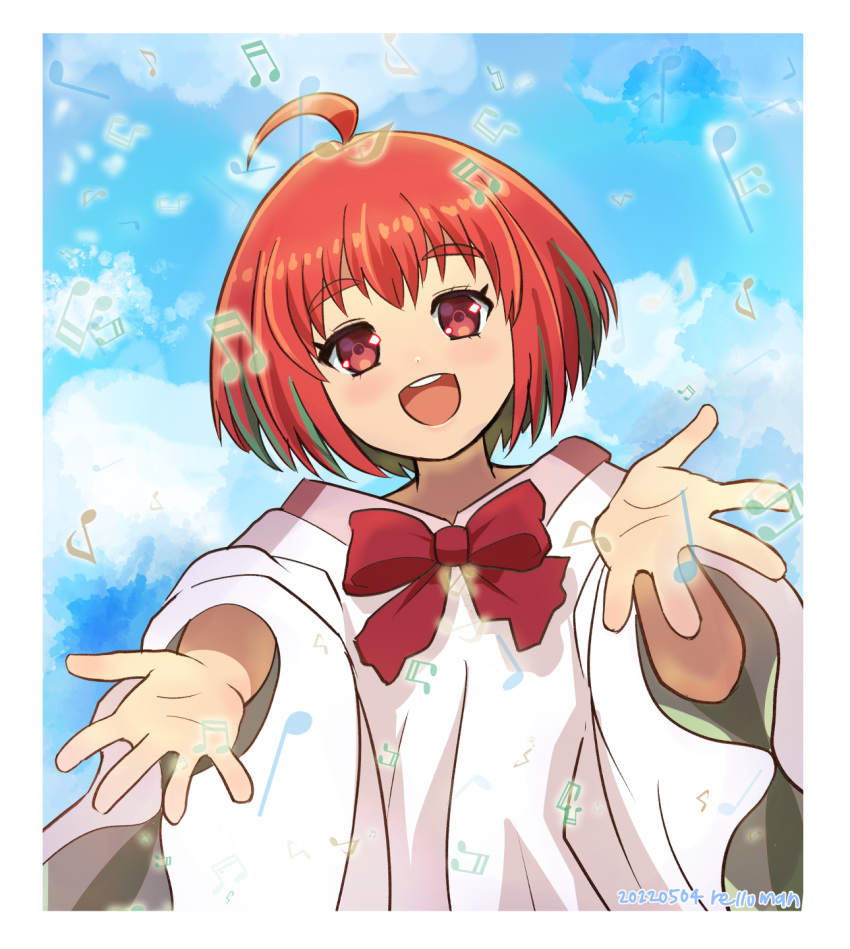 1girl, :o, ahoge, artist_name, beamed_eighth_notes, beamed_sixteenth_notes, blue_sky, border