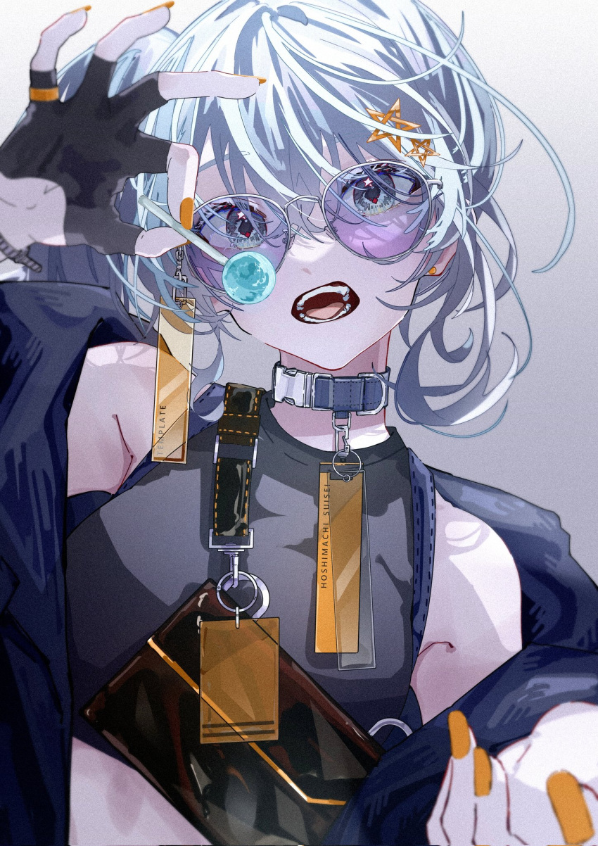 1girl, arm_up, armpit_crease, bangs, black_gloves, black_shirt, blue_eyes, blue_hair, blurry, breasts, candy, character_name, collar, crop_top, depth_of_field, diamond-shaped_pupils, diamond_(shape), fanny_pack, fingerless_gloves, food, gloves, gradient, gradient_background, hair_ornament, half_gloves, hand_up, highres, holding, holding_candy, holding_food, holding_lollipop, hololive, hoshimachi_suisei, lollipop, long_hair, looking_at_viewer, mirai99, official_art, open_mouth, orange_nails, reaching_out, shirt, side_ponytail, sleeveless, sleeveless_shirt, small_breasts, snap-fit_buckle, solo, star_(symbol), star_hair_ornament, star_in_eye, sunglasses, symbol-shaped_pupils, symbol_in_eye, teeth, tongue, upper_body, virtual_youtuber