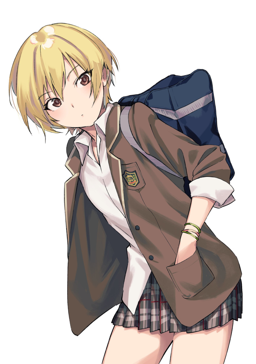 1girl, absurdres, bag, blazer, blonde_hair, bracelet, brown_eyes, brown_jacket