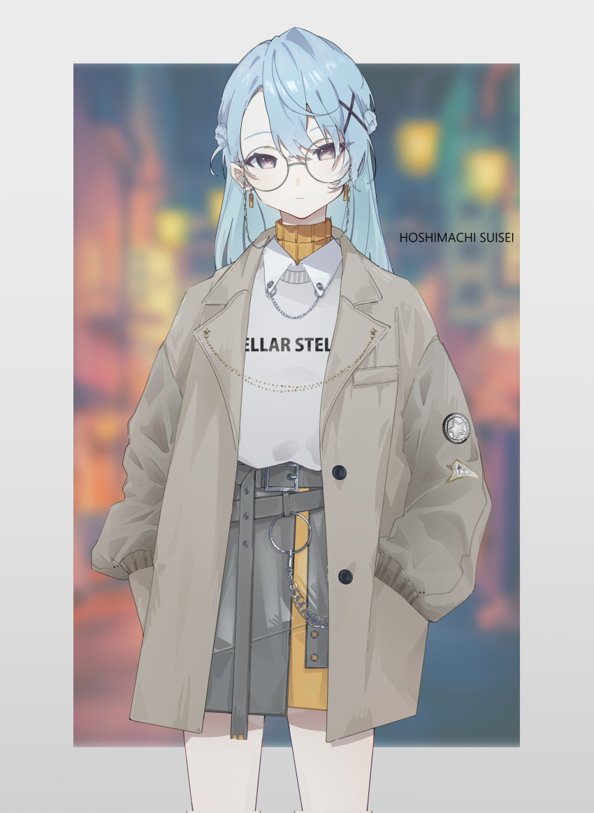 1girl, bangs, belt, black_skirt, blue_hair, brown_coat, character_name, closed_mouth