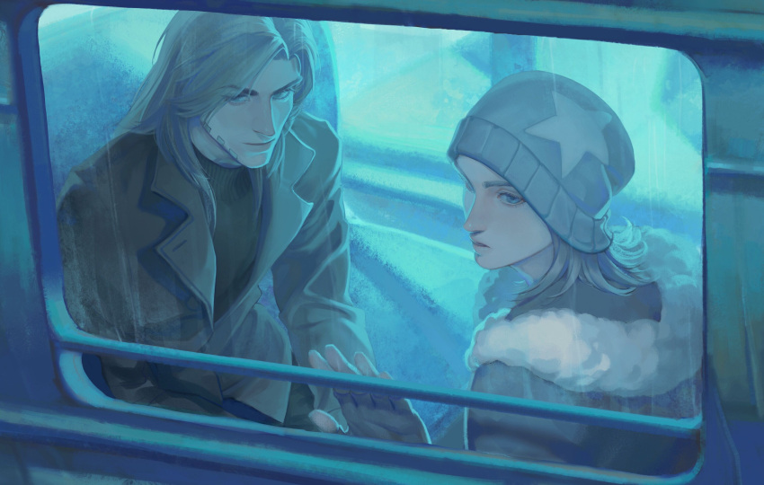 2boys, bangs, beanie, beard, blonde_hair, blue_eyes, blue_light, coat