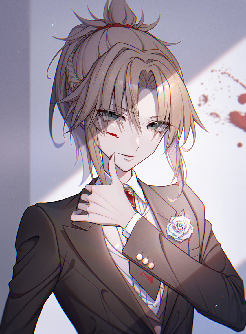 1girl, absurdres, bambi-25, bangs, blood, blood_on_face, blood_on_wall, braid