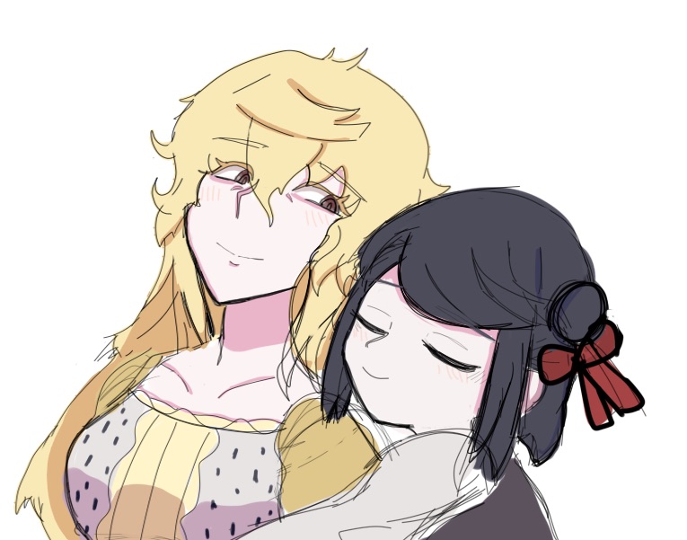 2girls, ahoge, black_hair, blonde_hair, brown_eyes, cape, closed_eyes, colored_eyelashes