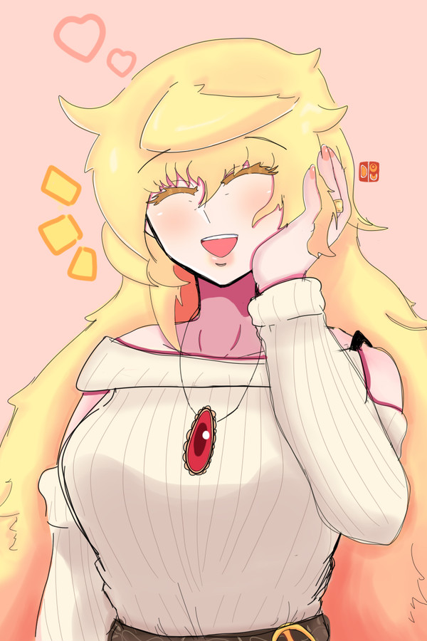 ahoge, blonde_hair, colored_eyelashes, doumoe, gem, happy, isabeau_de_baviere, jewelry, long_hair, long_sleeves, magia_record:_mahou_shoujo_madoka_magica_gaiden, messy_hair, smile, sweater, tall_female, wavy_hair